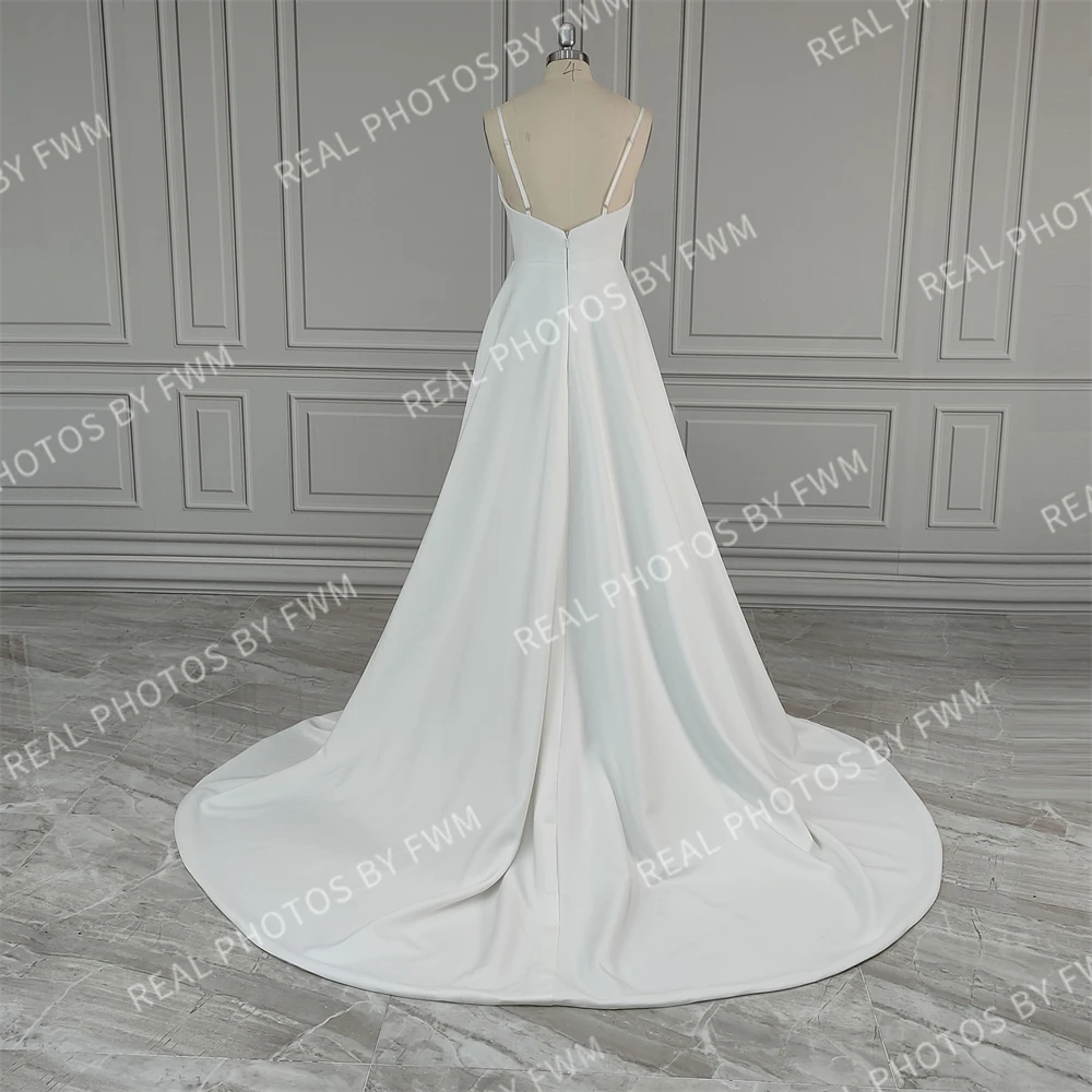 12020 #   Personalizado boho cintas de espaguete alta fenda lateral vestido de casamento baixo volta trem varredura vestido de noiva para mulher novia