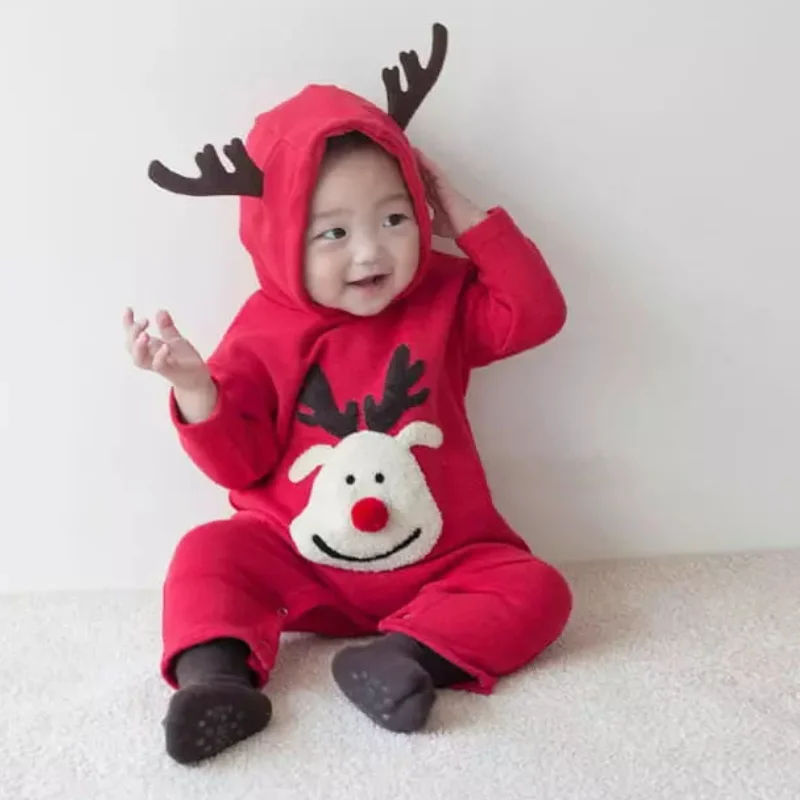 

New Winter Thicken Newborn Baby Rompers Toddler Cute Fleece Red Elk Deer Jumpsuit Infant Girls Christmas Day Gift Clothes