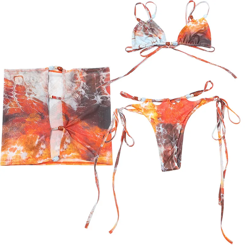 VEITCHE Sommer-Perlen-Patchwork-Bikini, 3-teiliges Set, sexy bunte BH-Tops + störende Slips + hohle Röcke, Strand-Badeanzüge – Detail 18
