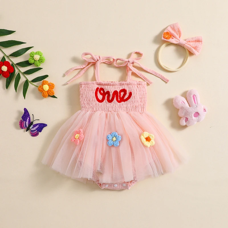 Infant Baby Girl Birthday Jumpsuit Letter Embroidery Mesh Tulle Sleeveless Romper and Headband Set Cute Fashion Clothes Outfits