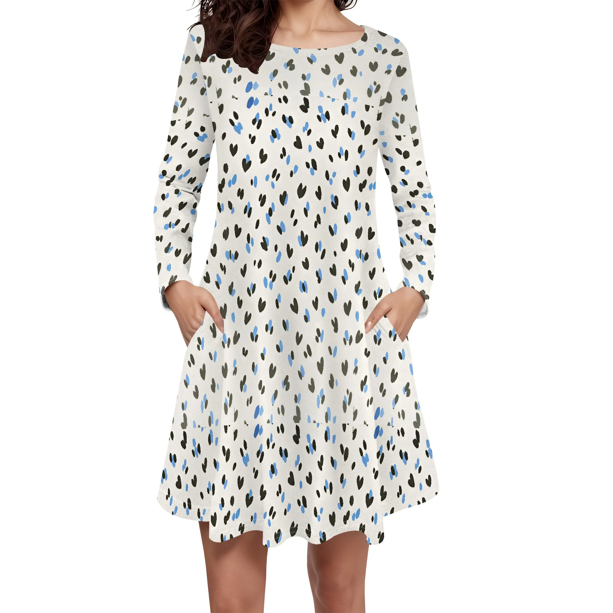 

Women's Casual Loose T Shirt Dress Long Sleeve Simple Floral Print Mini Swing Dresses with Pocket