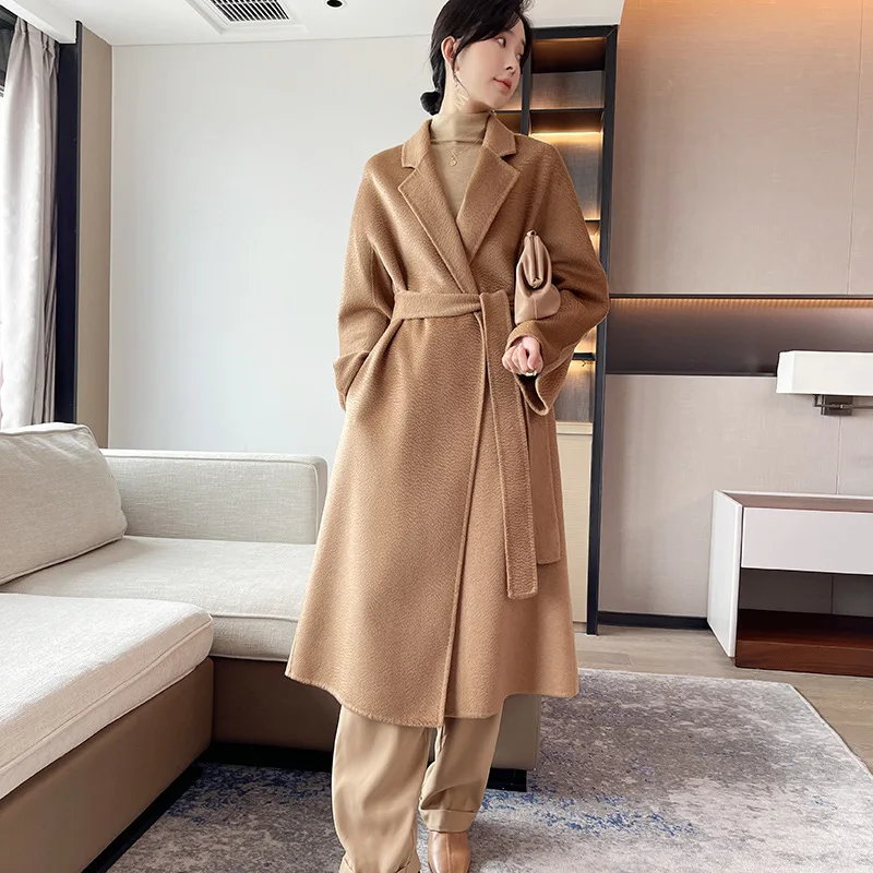 Camel Water Ripple Double-Sided Cashmere Jacket For Women's New Seasonal Bathrobe Style Woolen Jacket