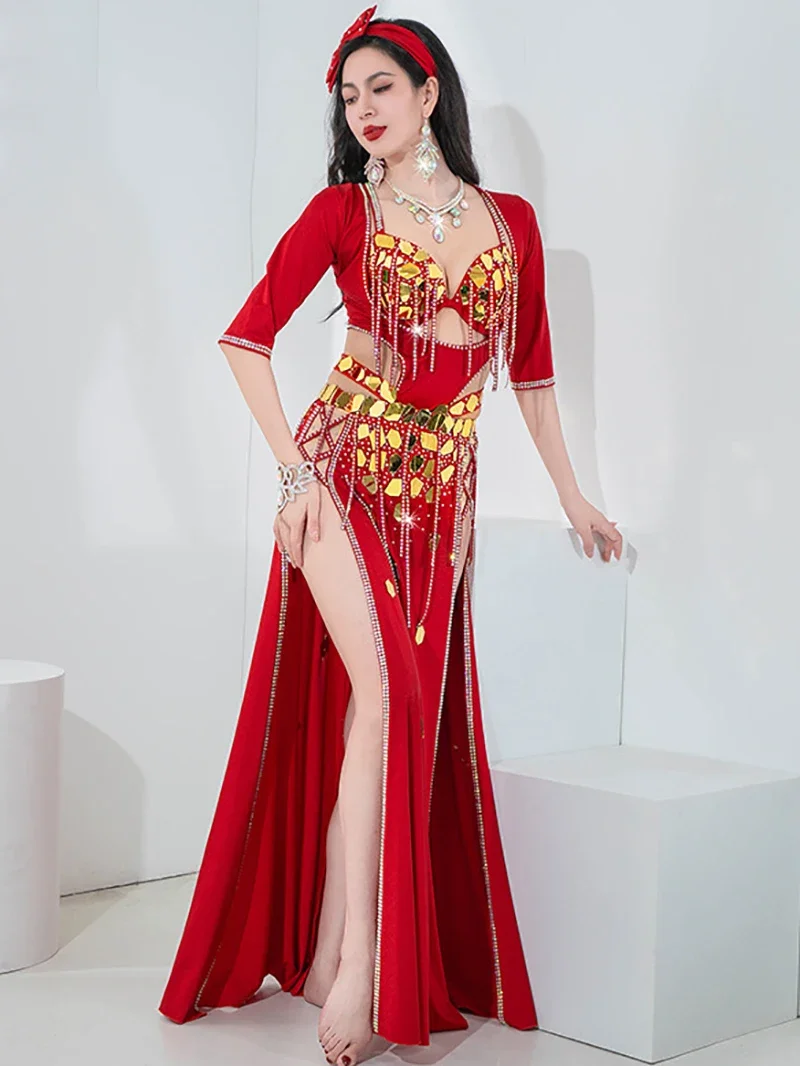 Women Adult Sequin Flash Drill Belly Dance Clothing Dynamic Tassel Chain Split Dancewear Competition Stage Performance Costumes