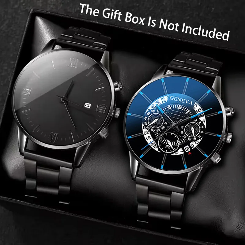 2PC Hot Selling Black Dial Quartz Men's Business Watch Set (No Box)