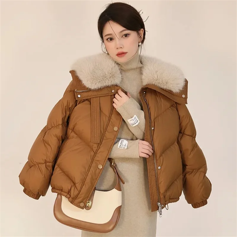 Chaqueta corta acolchada de algodón para mujer, Parkas con Cuello de piel, abrigos de algodón grueso, ropa de abrigo informal negra para mujer, invierno 2025