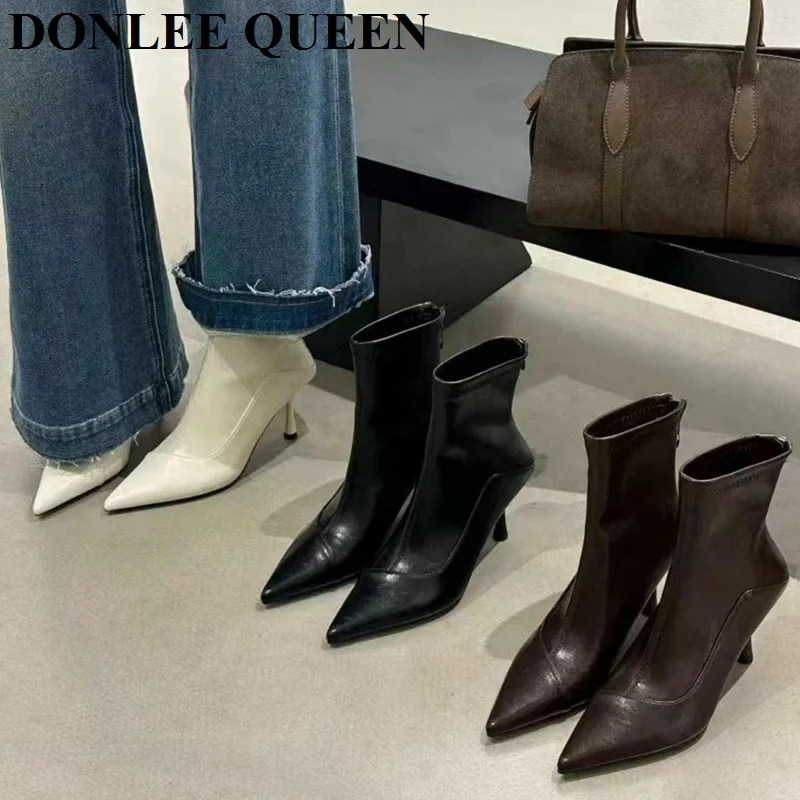 

Fashion Pointed Toe Thin Heels Boots Women Elegant Chelsea 2025 Autumn Ankle Boots Booties Female Elasticity Ladies Winter Shoes