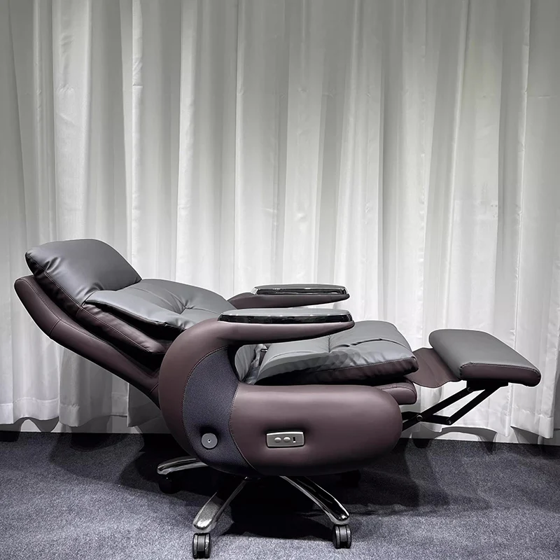 

Recliner Computer Chair With Wheels Solid Wood Frame Electric Footrest Leather Office Chair 7-Point Vibrating Bedroom Armchair