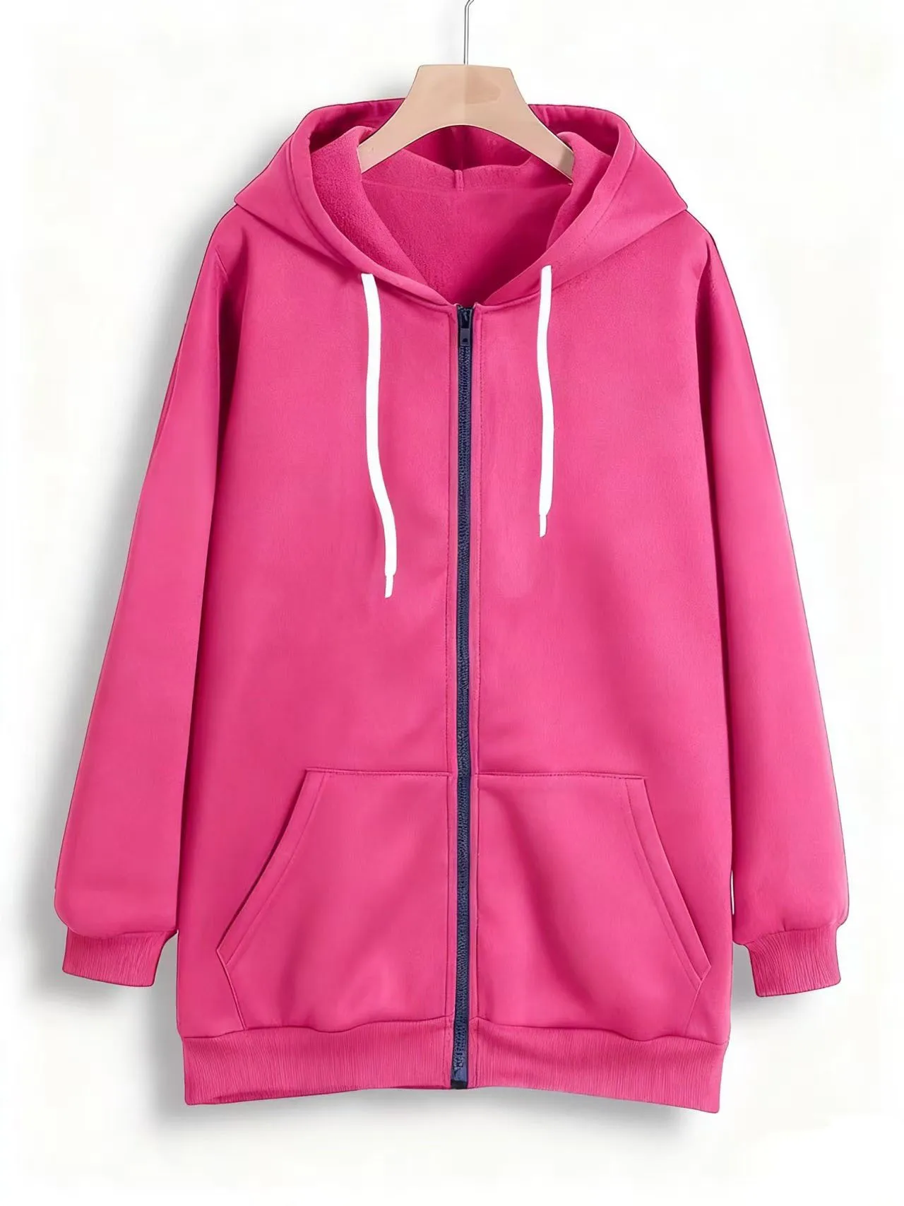 Plus-Size Long-Sleeve Solid Color Jacket, Zipper, Pockets, Hooded Drawstring Sweatshirt Plus Size Clothing