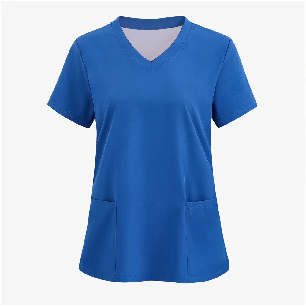 Solid Color Womens T Shirts Medical Nursing Uniform Stretch V-Neck Short Sleeve T-shirt Tops With Pocket Women's Clothing