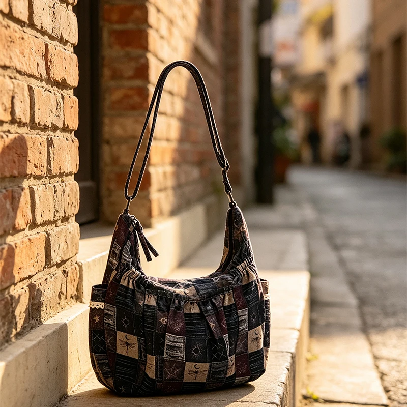 Sonnen-Mond-Stern-Print Patchwork Canvas Schultertasche, Vintage Handtasche mit Reißverschluss, Damen Pendler-Arbeitstasche Retro Leichte Tragetasche – Detail 11