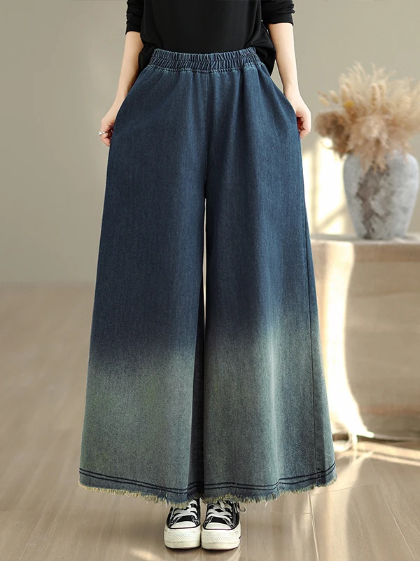 بنطال جينز Waed Adual Color Frayed Design واسع الساق بخصر عالٍ من مزيج القطن والبوليستر للنساء بمقاسات كبيرة