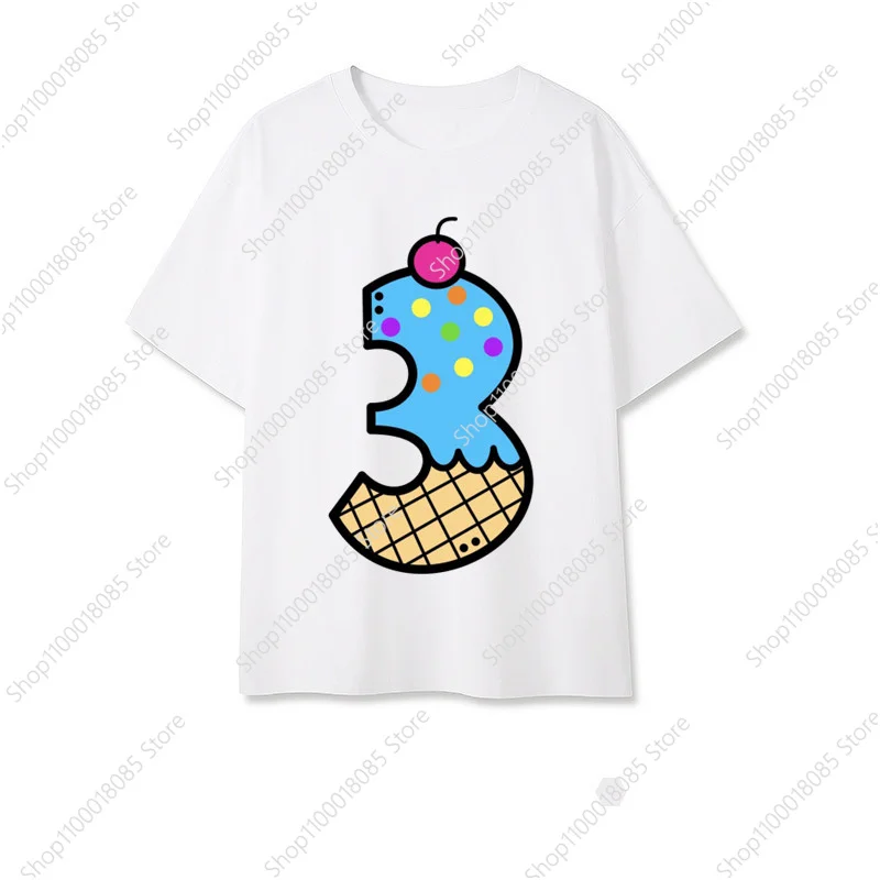 Children's Icecream Cake 1-9 Birthday Number T-shirt Wild T-shirt Boys and Girls Party T-shirt Party Theme Clothing TopT-shirt