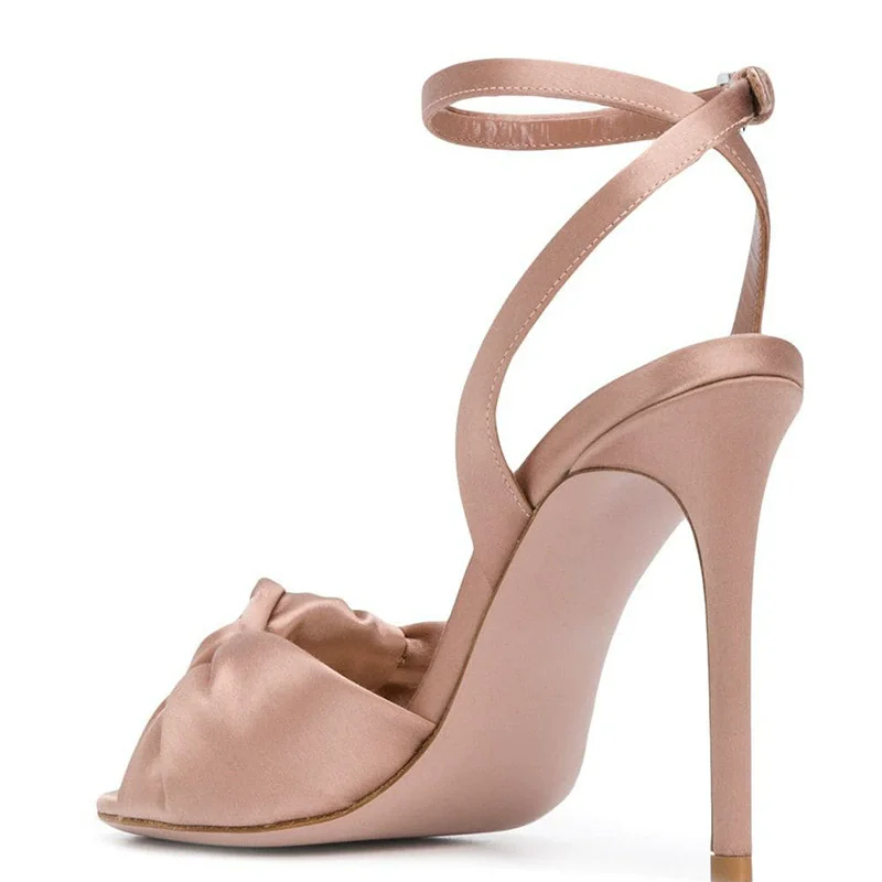 Summer new round toe fish mouth suede satin bow thin heel sandals banquet large size customized high-heeled women's shoes