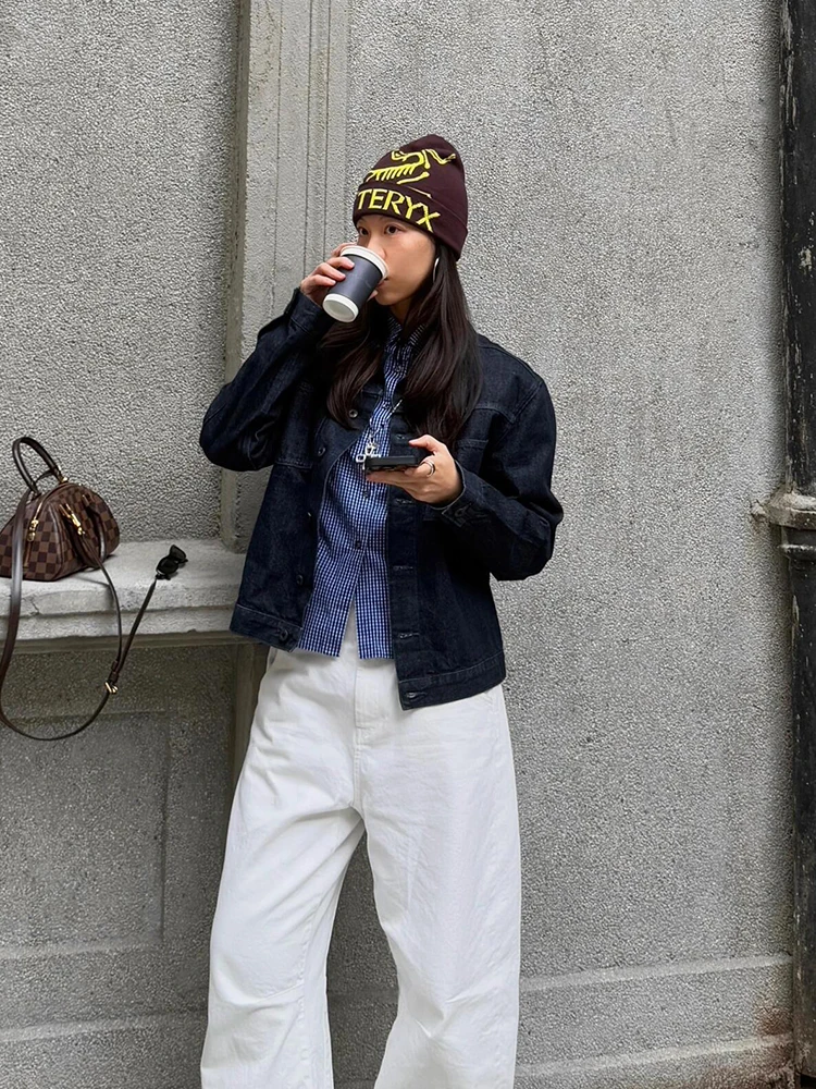 레트로 아메리칸 롱 슬리브 칼라 데님 재킷 여성용 가을 겨울 패션 루즈 브리티 슬레 엘레강스 재킷 탑