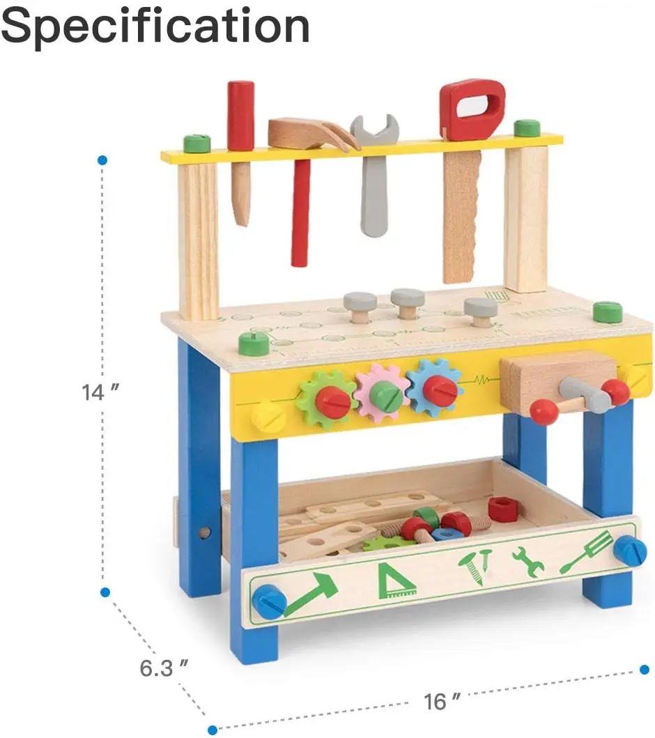 Robotime Robud Solid Wood Tool Stand Set Wooden Workbench Toy Birthday for Boys Girls Kids