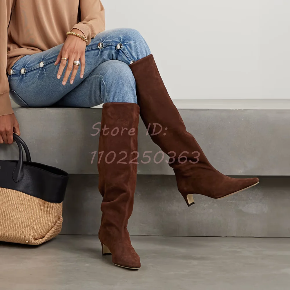 Retro Suede Knee-high Boots Solid Brown Square Toe Slip-on Chunky Heel Moden Boots New Fashion Women's Shoes 2025 Street Style