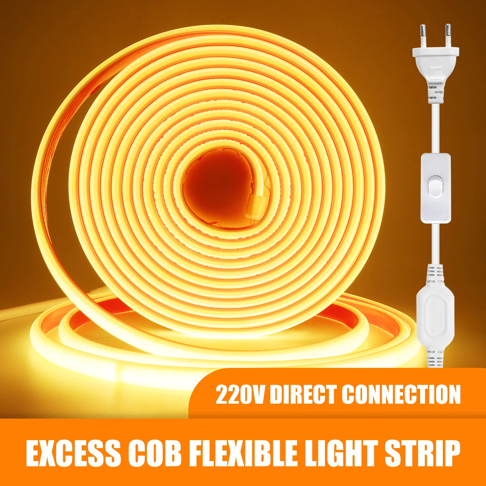 COB LED Neon Strip Light 220V 288Leds/M Waterproof IP65 Adhesive Lamp Tape With Switch/Dimmer EU Plug for Room Garden Lighting