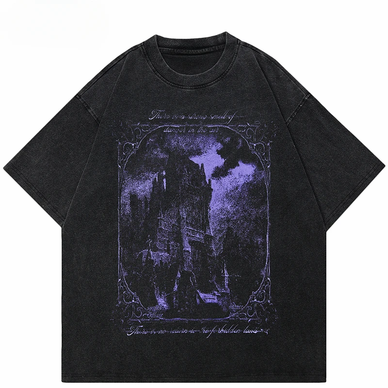 Washed Black T-Shirt Streetwear Vintage Purple Graphic Horror Castle T Shirt Cotton Tshirt Men Tops Tees Unisex Y2K