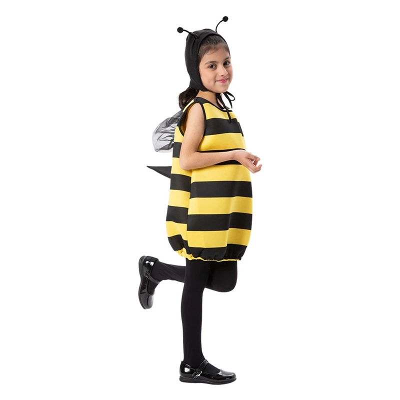 Girls Boys Bee Cosplay Costume Sleeveless Striped Tulle Patchwork Letters Print Dress Hat