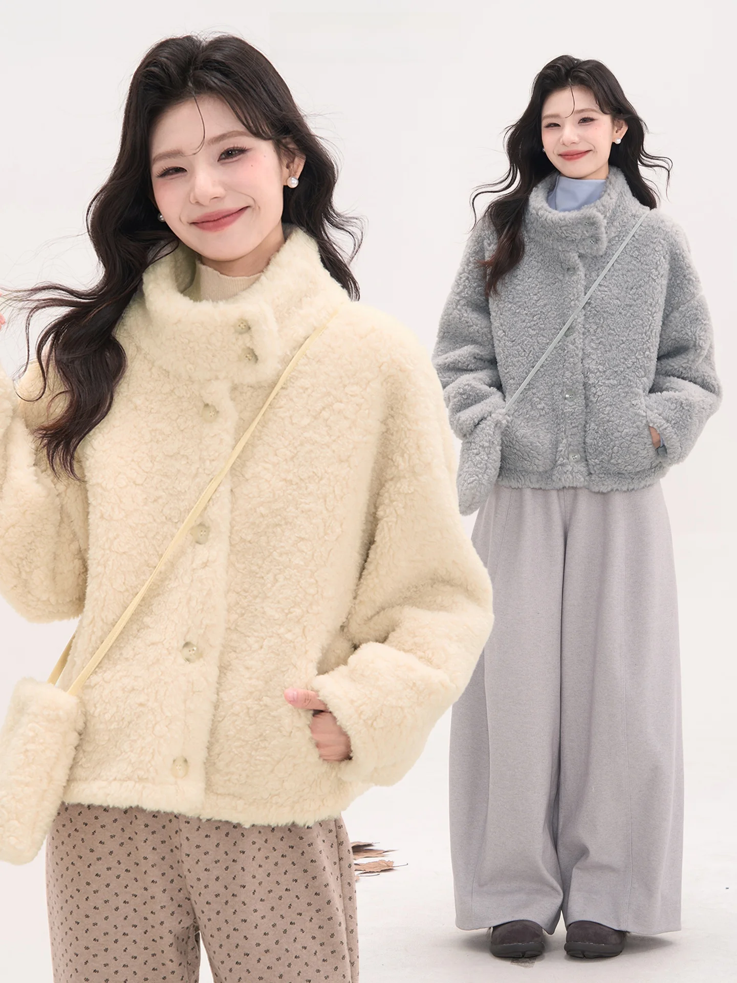 

Fluffy ort Thiened Stand Collar Women's Jaet Warm Youthful Heme Window Display Flower Field Polyester Fiber Winter Coat