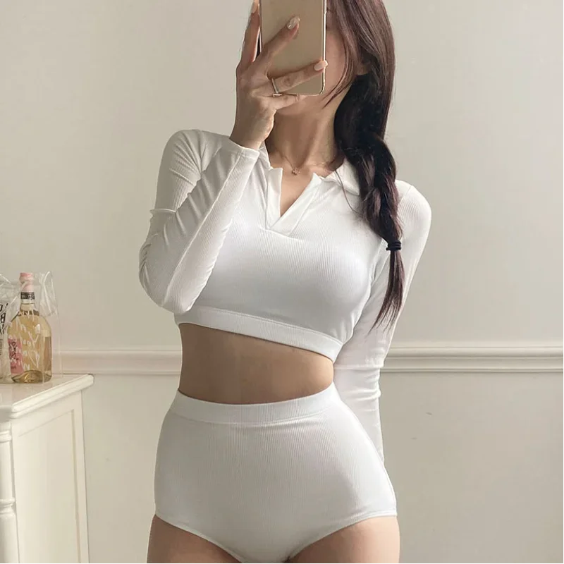 

Sexy Korean Fashion Long Sleeve White Bikinis Sets Two Pieces High Waist Swimsuit Push Up Swimwear Female Biquini Bathing Suit