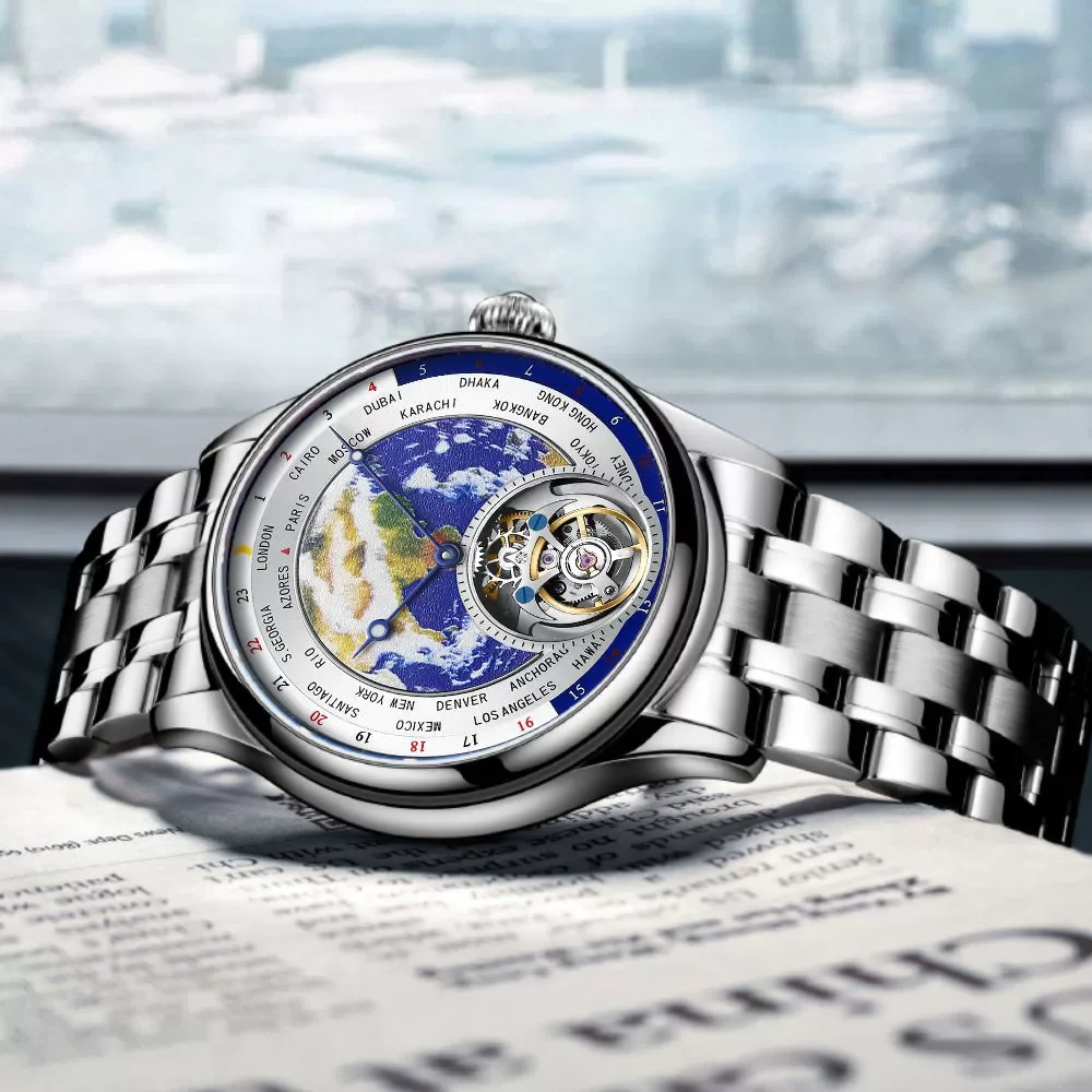 ساعة ايسوب 2025 الجديدة من أفضل العلامات التجارية لخريطة العالم الأرضية المضيئة المقاومة للماء توربيون ميكانيكية
