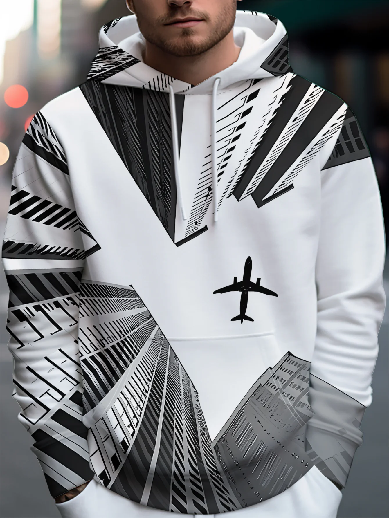 Men Black White Geometric City Building Airplane 3D Print Hoodie Travel Aviation Graphic Casual Long Sleeve Hooded Sweatshirt