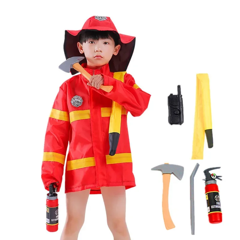 Kids Fireman Gear Firefighter Costume Construction Worker Costume Role Play Dress Up Toy Set with Helmet and Accessories