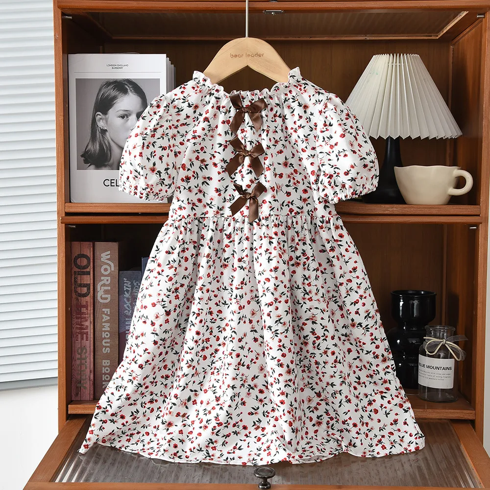 Korean Version Summer New Casual Countryside Style Round Neck Bubble Sleeve Bow Floral Princess Dress for Girls Aged 3-7
