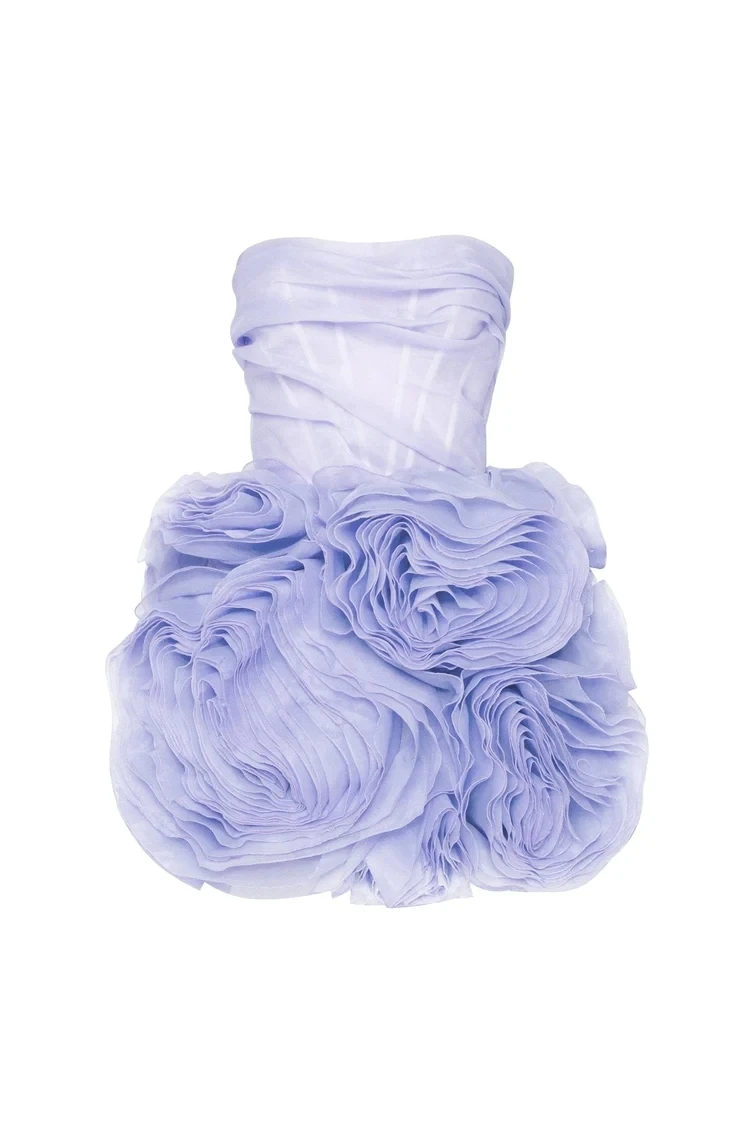 Pretty 3D Flower Organza Lavender Mini Women Dresses Strapless Corset Short Formal Party Dress Lace Maxi Dress