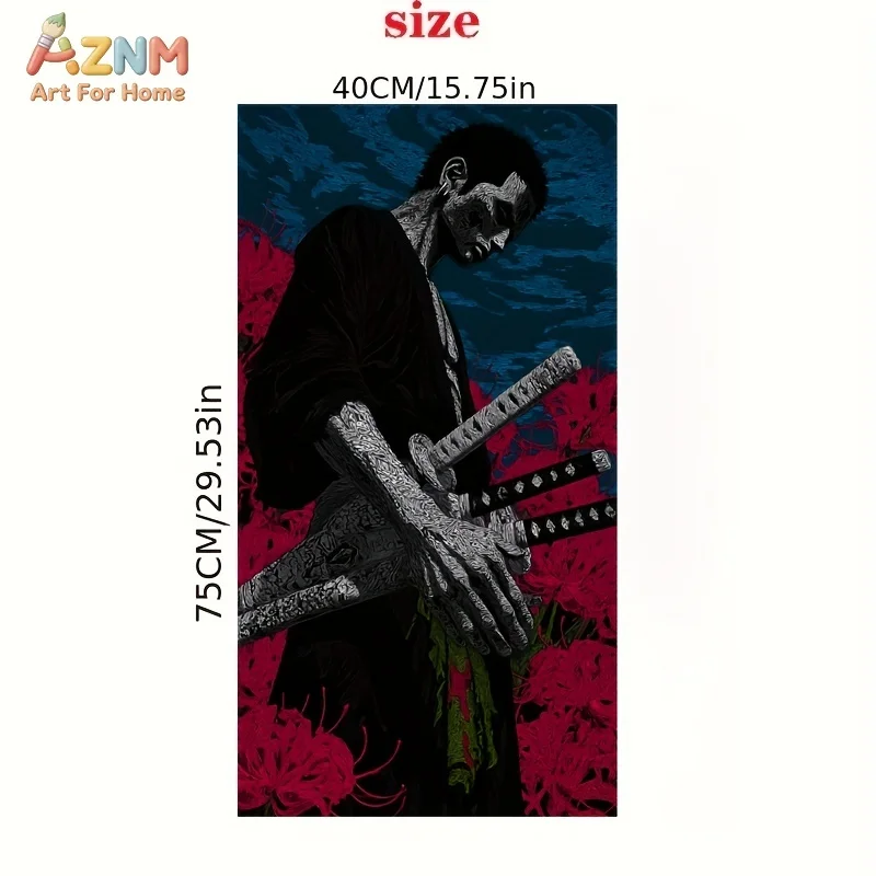 AZNM One Piece Roronoa Zoro Red Spider Lily Three Swords Ukiyo-e Anime Canvas Wall Art Manga Character Print Unframed Canvas Pai