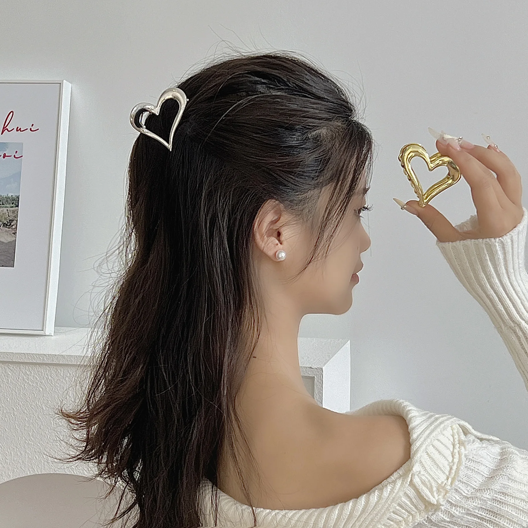 

Medium Hollow Metal Heart Shark Hair Claw Premium Elegant Summer Updo Clip for Women Back Head Daily Use Silver