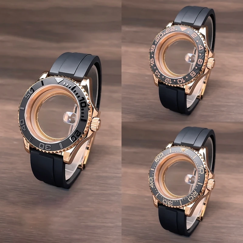 40mm NH35 CaseFull Rose Gold SUB YM Design Two-Way Rotating Bezel Rubber Strap Sapphire Glass Fit NH35 NH36 Movement Watch Case