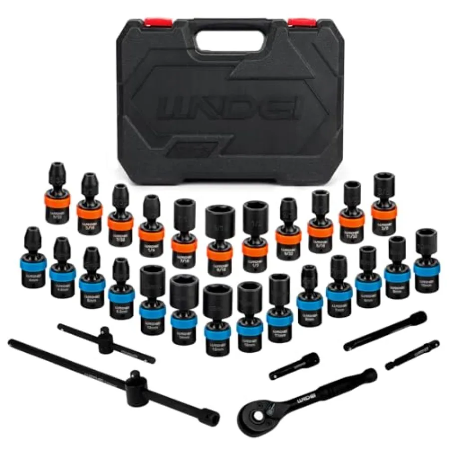 

1/4-Inch Drive Swivel Socket Set 32 Pieces Standard SAE 5/32 to 9/16" Metric Size(4-15mm) CR-MO Wobble Sockets 6 Point with Rat