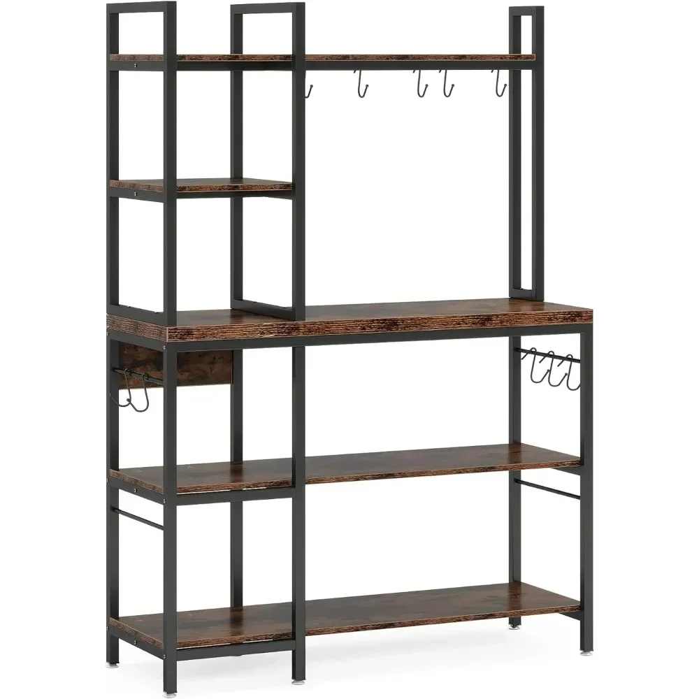 Bakers Rack with Storage for Kitchen 43 Inch Wide, 5-Tier Tall Utility Shelves Organizers and 10 Hooks, Large Racks Shelves