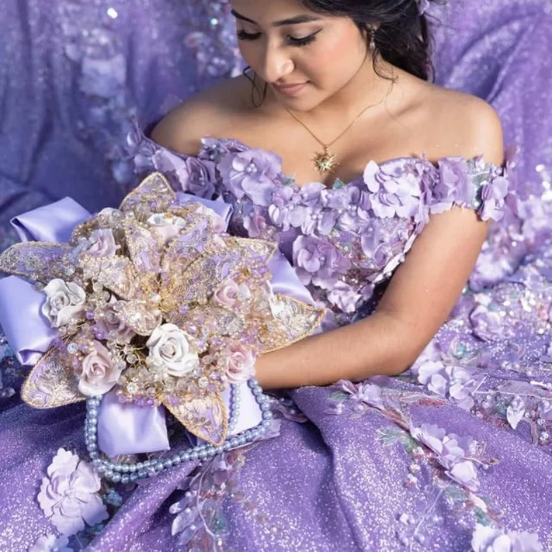 반짝이는 보라색 퀸시에라 드레스 크리스탈 글리터 데칼 3D 꽃 레이스 롱테일 베스티도스 데 15 퀸시에라 ﻿ 맞춤 제작