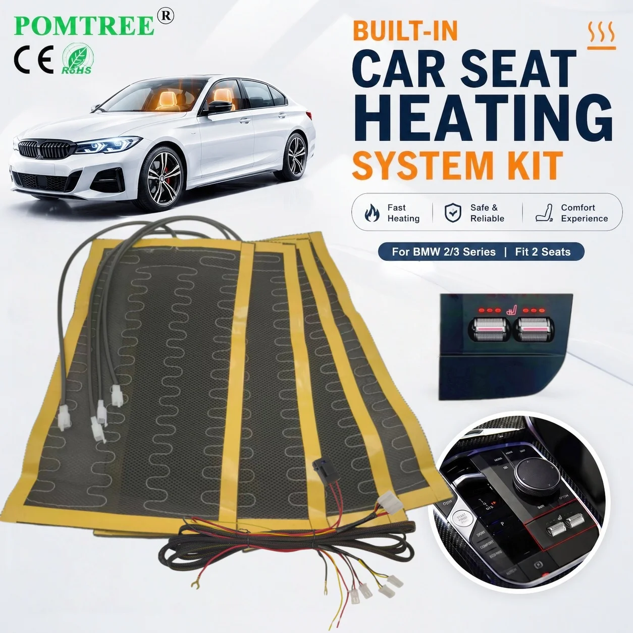 Built-in Car Seat Heating System Kit Fit 2 Seats,Compatible With BMW 2/3 Series,Including Heating Pads & Special Switch