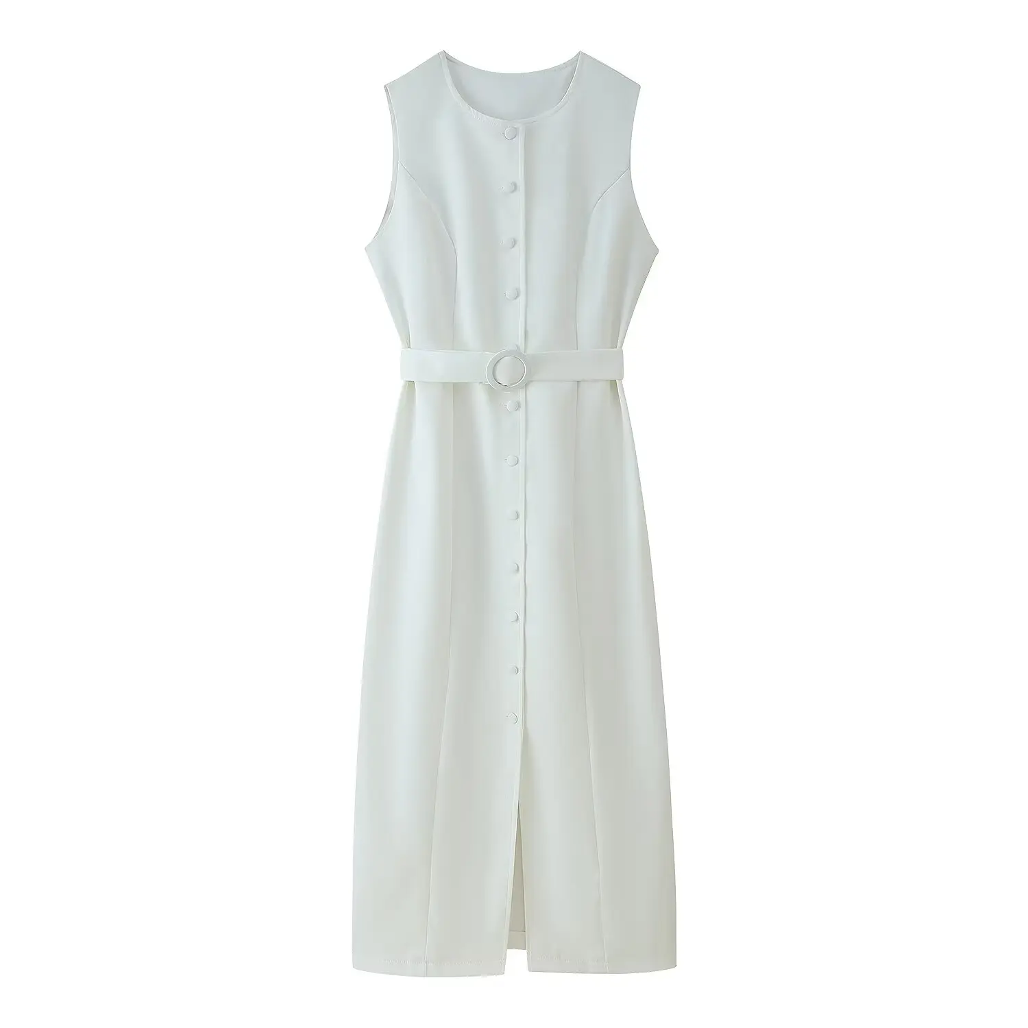 Chic Elegant Sheath Summer Sash Woman Tank Dress Streetwear Fashion 2025 Buttons Sleeveless Long Split Dress Female Vestidos
