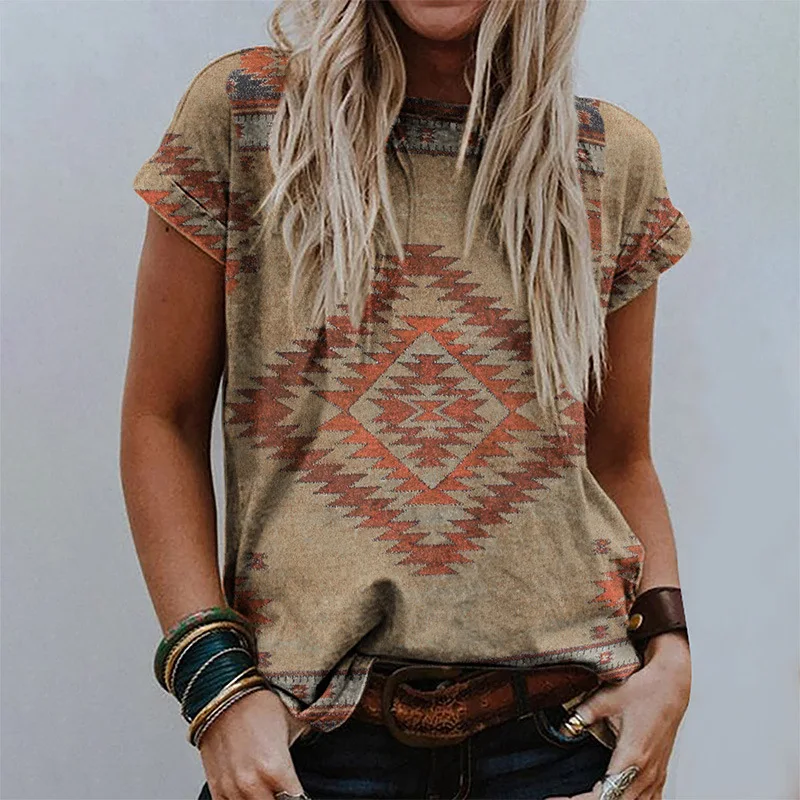 Western Ethnic Style T-Shirts Geometry 3D Print Women's New O-Neck Short Sleeves T Shirt Y2k Harajuku Tees Tops Female Clothing