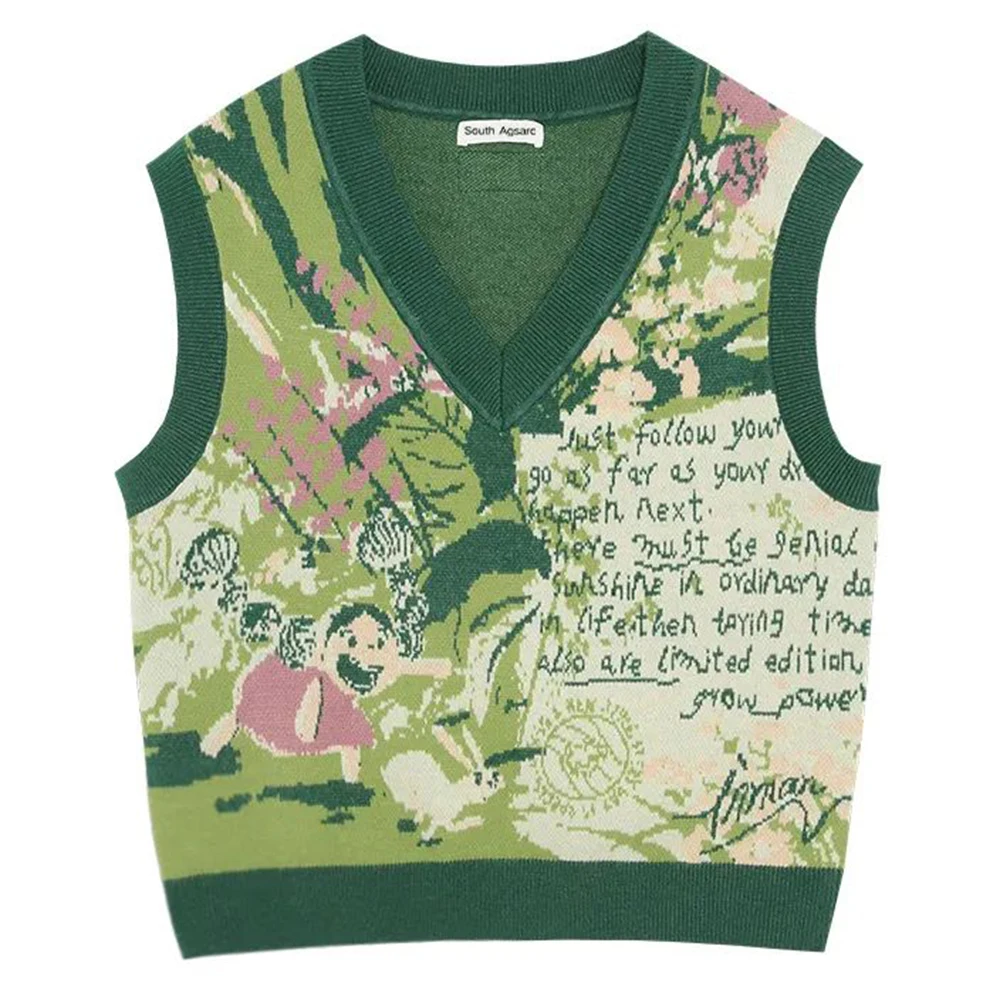 Retro Green Knit Vest Men Autumn Winter New Cute Sweater Unisex Fashion Y2k Streetwear Sleeveless Top T-Shirt Printed Tank Tops