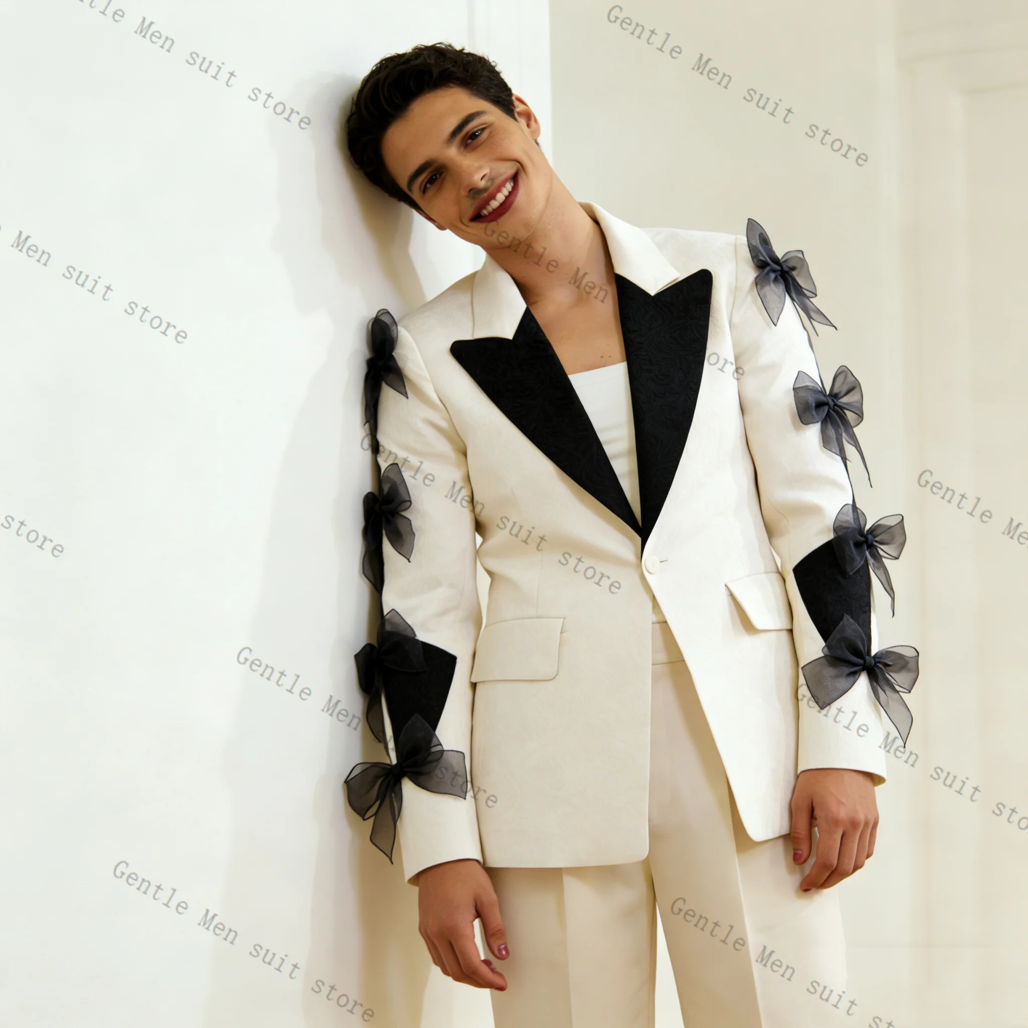 

Designer Bow Men Suit Set 2 Pcs White Blazer+Pants Trousers Groom Wedding Tuxedo Formal Office Business Jacket Coat Customized