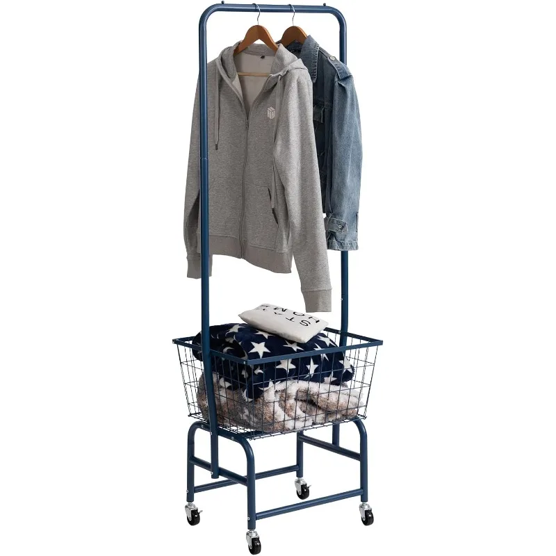 Laundry Cart with Clothes Rack, Rolling Butler Wire Storage Rack，Navy Blue