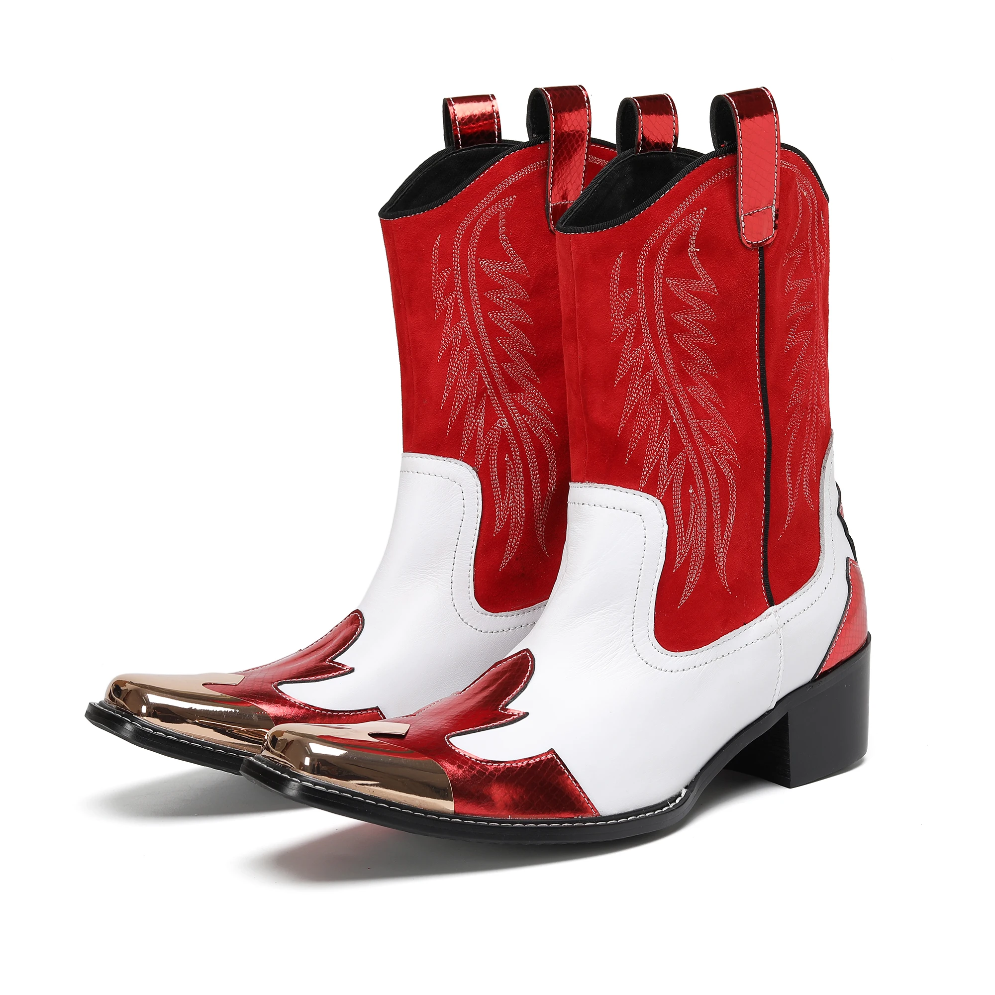 

Botas British Style Red Square Toe Cowboy Short Boots Plus Size Party Show Shoes Man Slip on Men Genuine Leather Western Boots