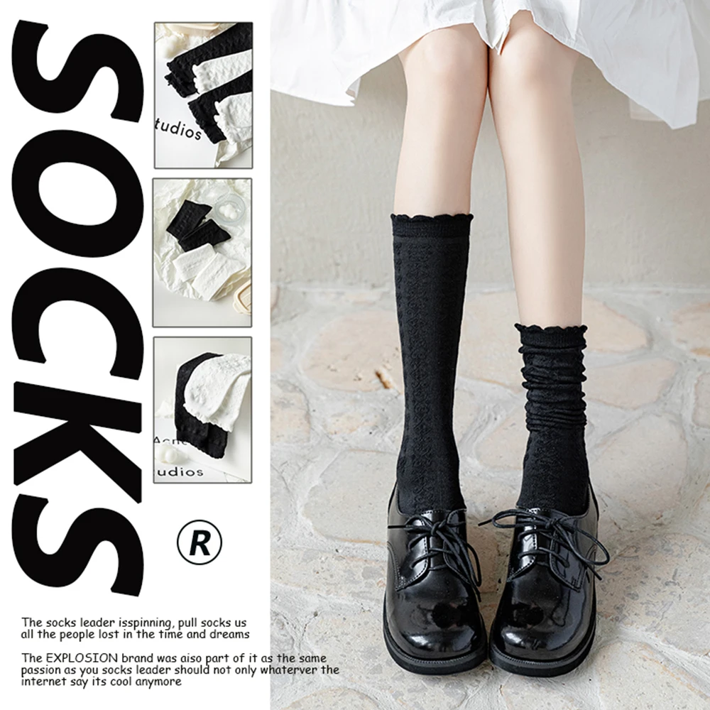 Autumn And Winter Black Calf Mid-Tube Women's Socks Solid Color All-Match Stockings Ins Tide Girl White Knee-Length Lace Socks