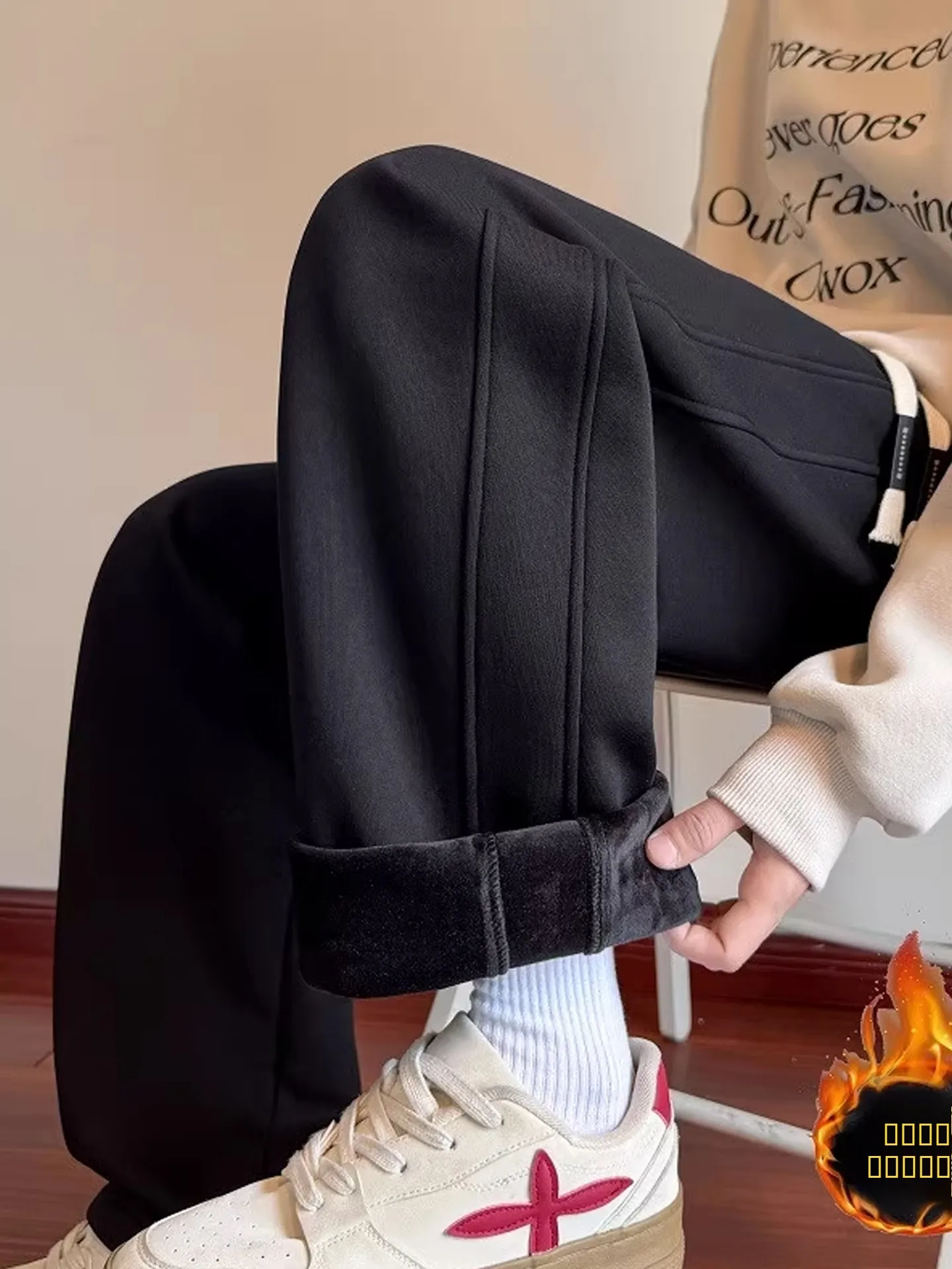 

American Stripe Fce Lined Straight Leg Sweatpants Men Winter Thi Warm Wide Leg Pants Loose Casual Long Trousers