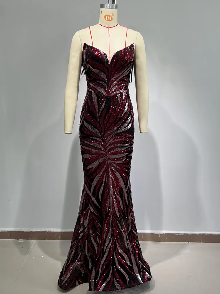 Women Christmas Sexy Strapless Sequins Red Maxi Long Gowns Dress 2023 Elegant Party Evening Stage Performance Dress Vestido