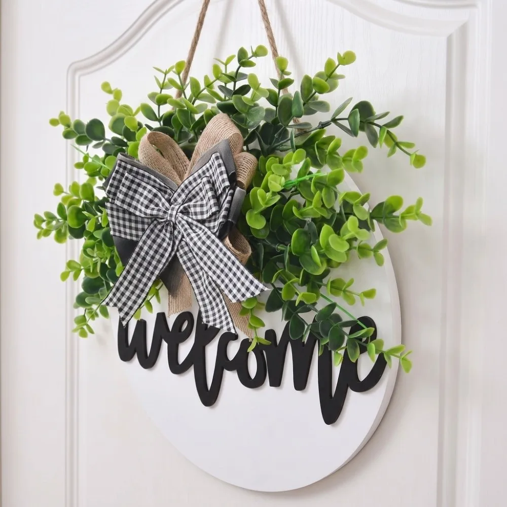 30cm 11.81in Wooden Welcome Sign Artificial Plant Round Shape Hanging Decoration Welcome/Hello Bowknot Door Wreath Home Decor