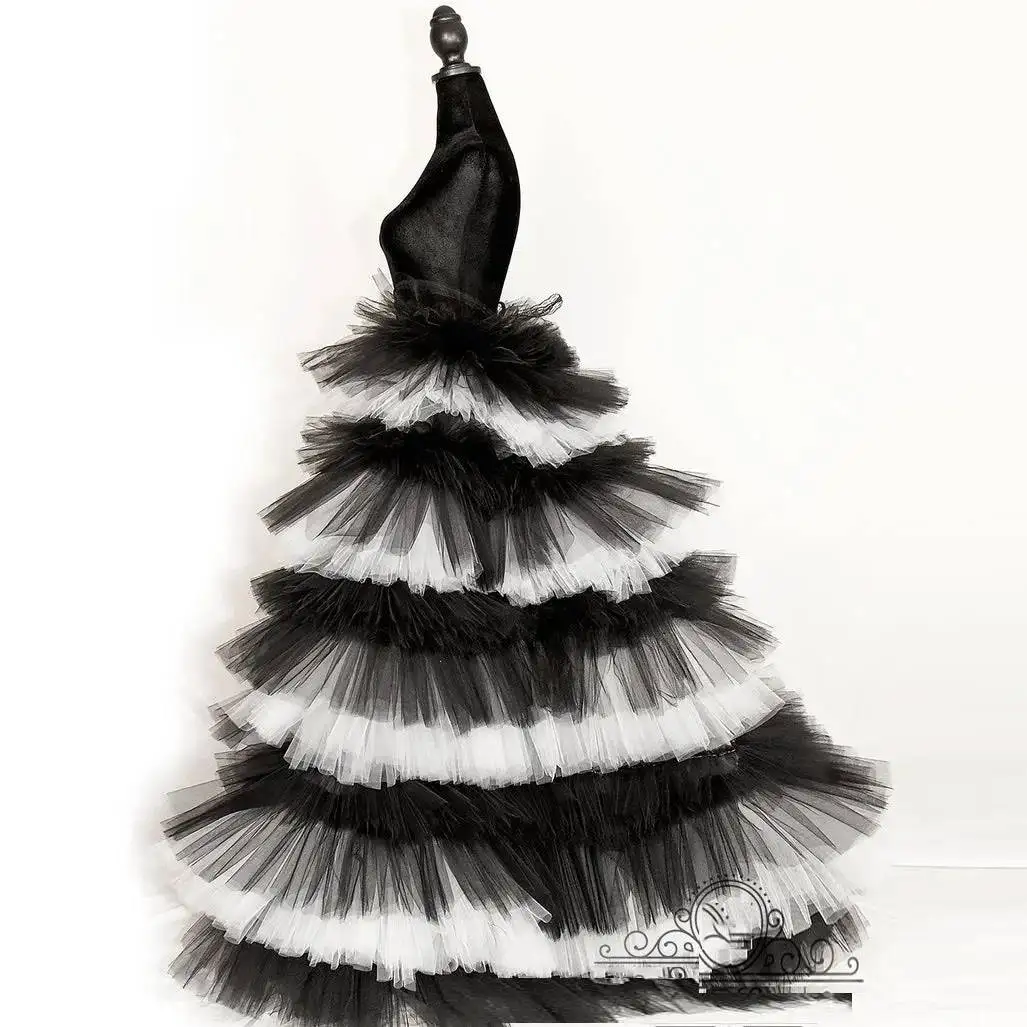 

Black White Tutu Skirts Pretty Woman Clothes Dancing Long Tulle Skirt Tierred Floor Length Layered Ruffled Skirts