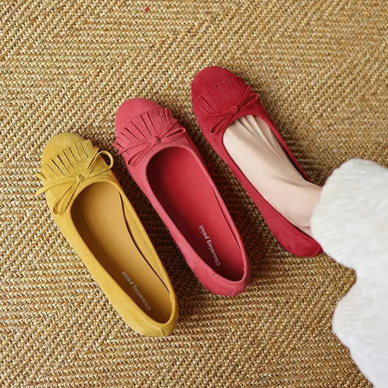 كرازينغ بوت الأغنام الجلد المدبوغ جولة تو المرأة الصيف الحديثة الشارع ارتداء الباليه راقصة الضحلة فراشة عقدة شرابة هامش Ins الشقق #3