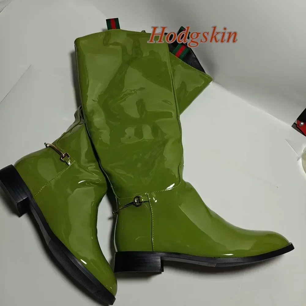 Solid Patent Leather Metal Boots Knee High Chunky Low Heel Slip On Round Toe Boots Fashion 2025 New Arrivals Casual Winter Boots